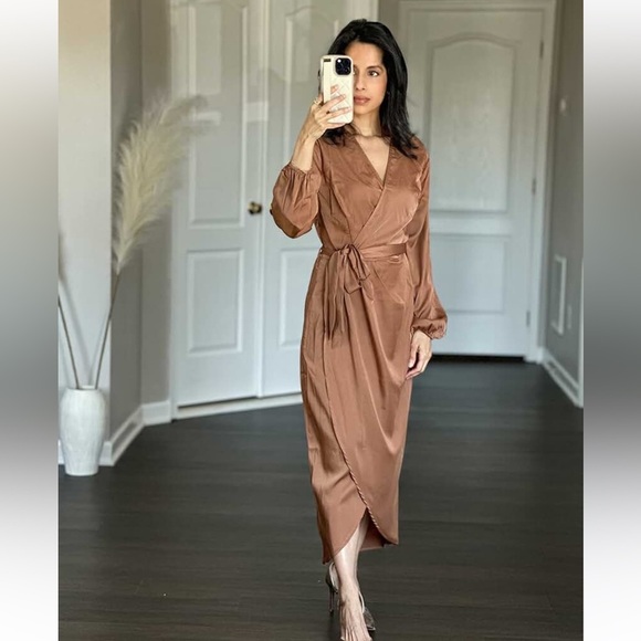 Satin Dress Deep V-Neck Long Sleeve Tie Waist Split Midi Dress W. - Picture 2 of 13